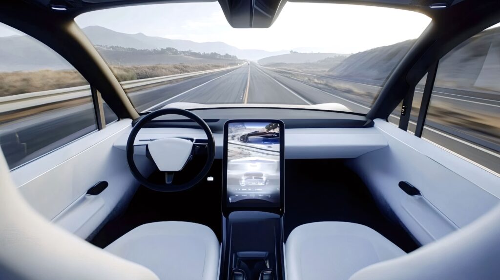 Interior de coche autónomo con pantalla digital y conducción autónoma en carretera